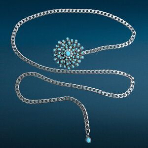 Cara NY Womens Curb Chain Belt Blue Rhinestone Buckle Silver Tone Waist Jewelry